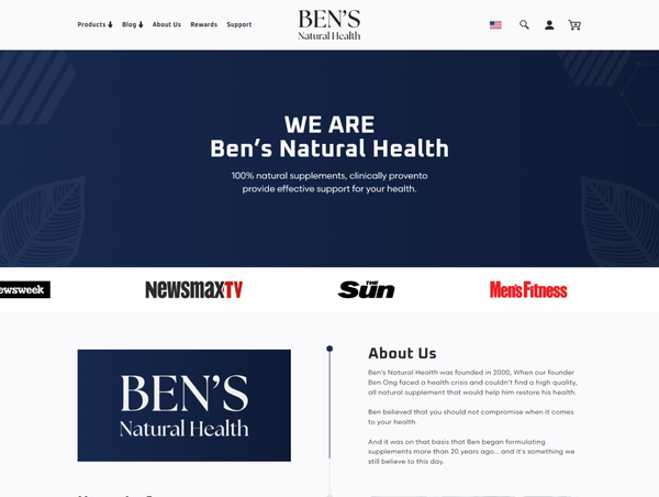 A desktop view screenshot of the "About Us" page on the Ben's Natural Health website