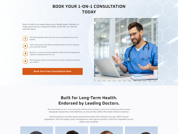 A desktop screenshot of a consultation booking page featuring a male clinician in blue scrubs talking at a laptop