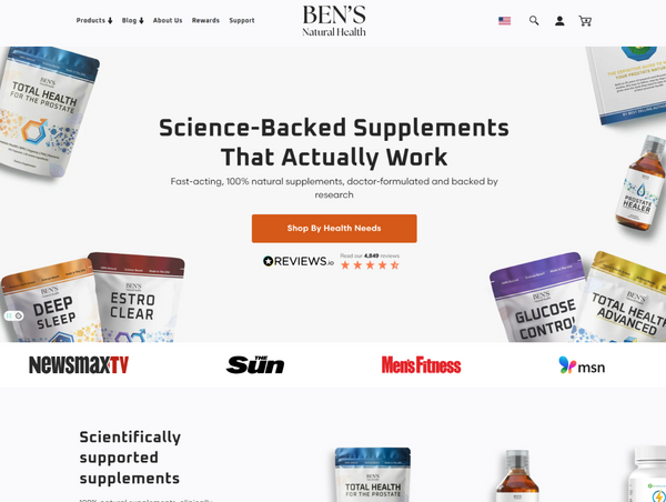 Ben's Natural Health website with supplement products and media outlets logos.