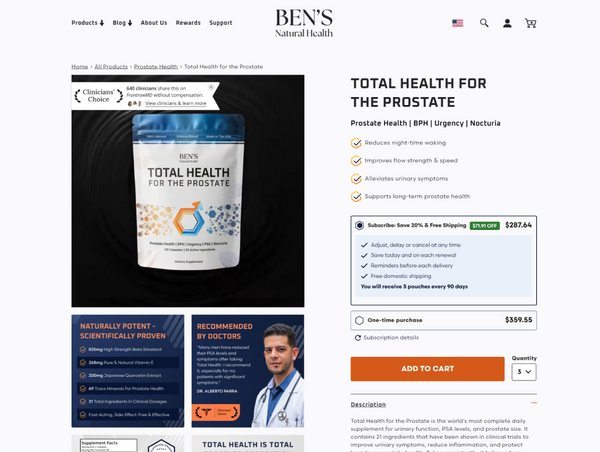 Ben's Natural Health product page for 'Total Health for the Prostate' on a website.
