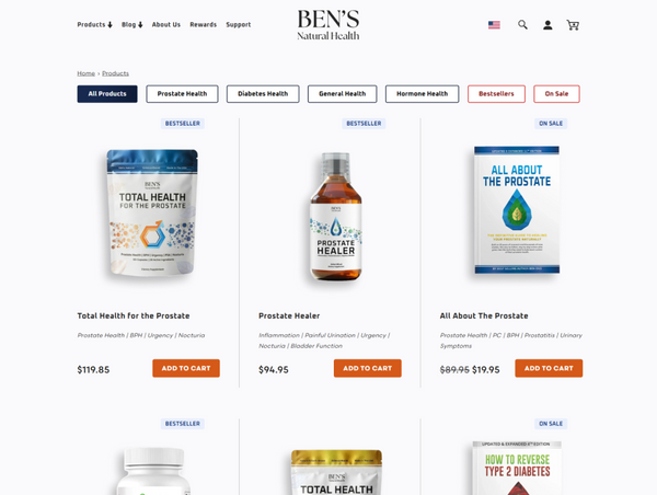 A desktop view screenshot of the Ben's Natural Health "All Products" collection page