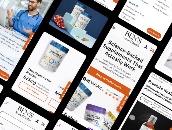 Collage of digital product pages for Ben's Natural Health supplements on a smartphone screen.