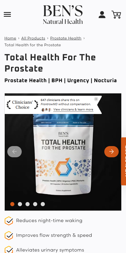 A mobile view screenshot of the Ben's Natural Health e-commerce store displaying the product page for "Total Health For The Prostate."