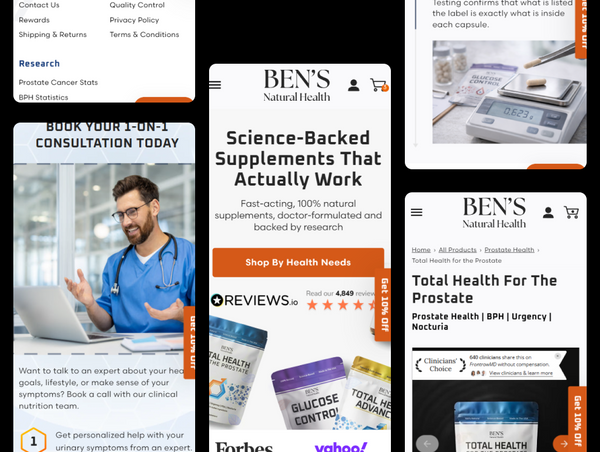 Collage of Ben's Natural Health website pages with various sections and product images.