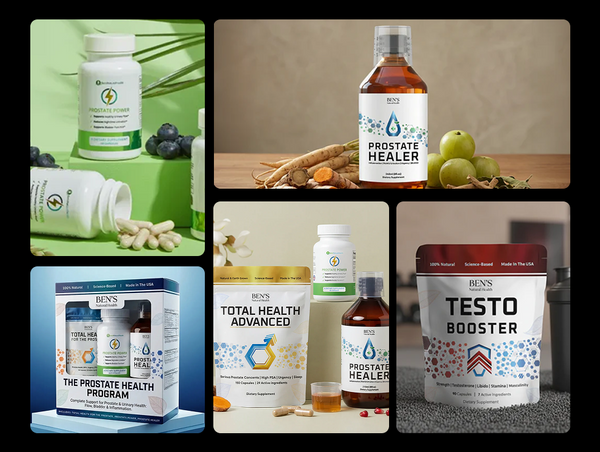 A clean grid collage highlighting a variety of men's wellness and prostate health supplements by Ben's Natural Health.