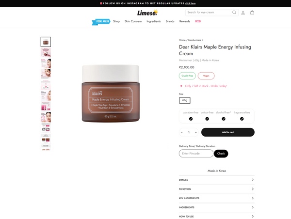 Desktop product page for Dear, Klairs Maple Energy Infusing Cream, showing the brown moisturizer jar