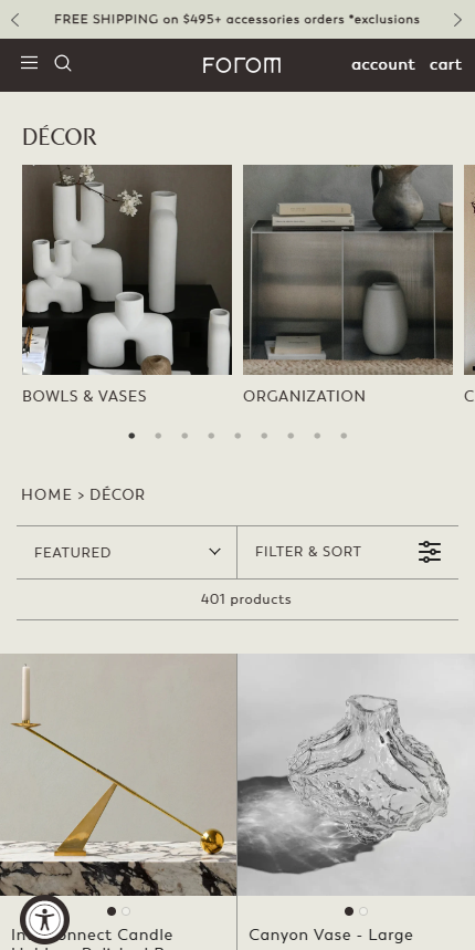 A mobile view of the Forom decor collection page showing categories for vases, organization items, and product listings.