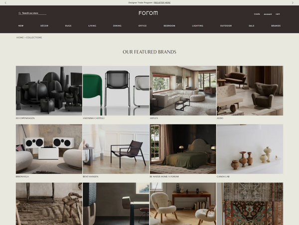 A desktop website view of the Forom featured brands collection page, showing a grid layout of different design partners and furniture collections.
