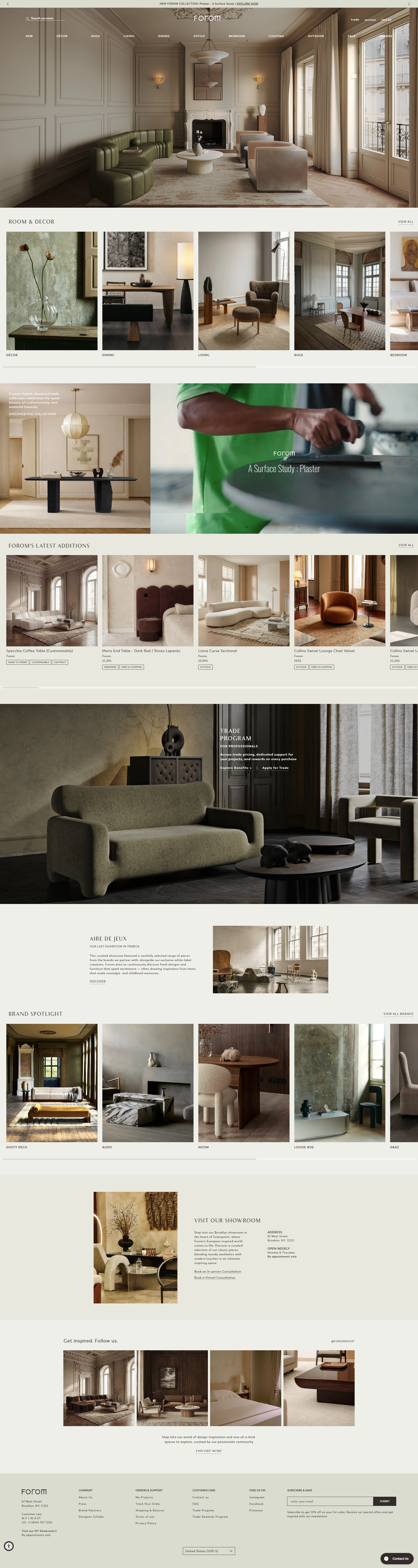 A full desktop website showing the homepage layout and design of the Forom luxury furniture store by Ambiw.