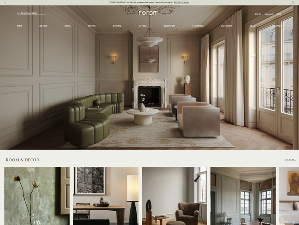 A desktop website view of the Forom homepage showing a large living room hero banner above the Room and Decor collection links.