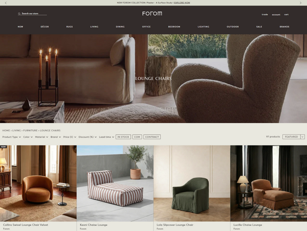 A desktop website view of the Forom lounge chairs collection page, showing a banner image, product filters, and different chair options.
