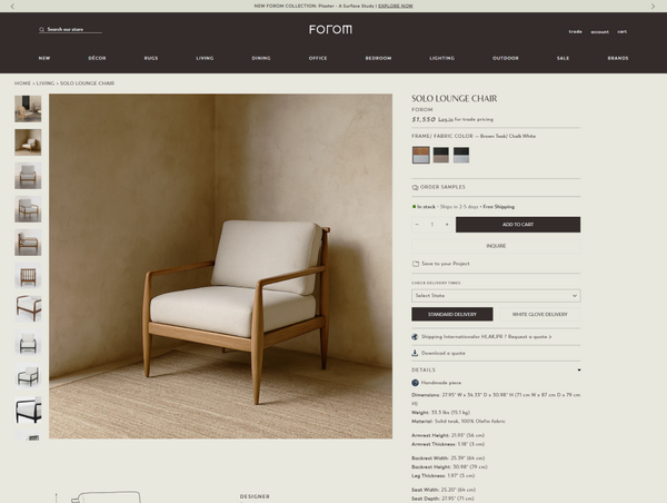 A desktop product page preview for the Forom online store, showing the layout for a single armchair with images, price details, and an add-to-cart button.