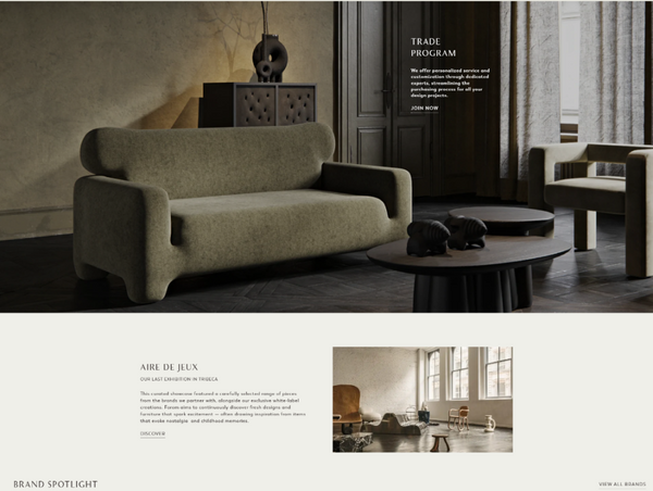 A desktop website view of the Forom homepage showing a green sofa banner advertising their trade program and a brand spotlight section below it.