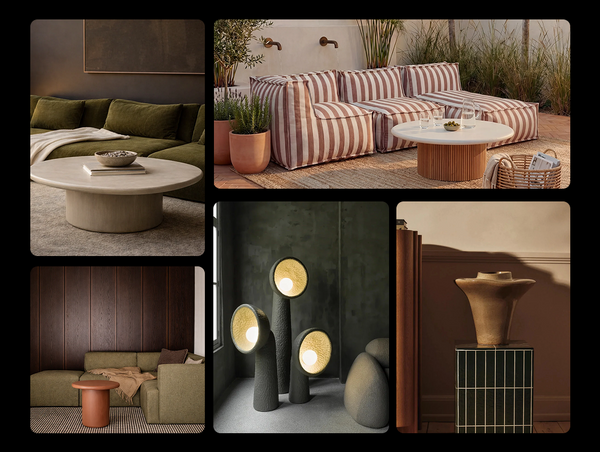 A collection grid showing different furniture products like sofas, coffee tables, lamps, and vases from the Forom online store lookbook.