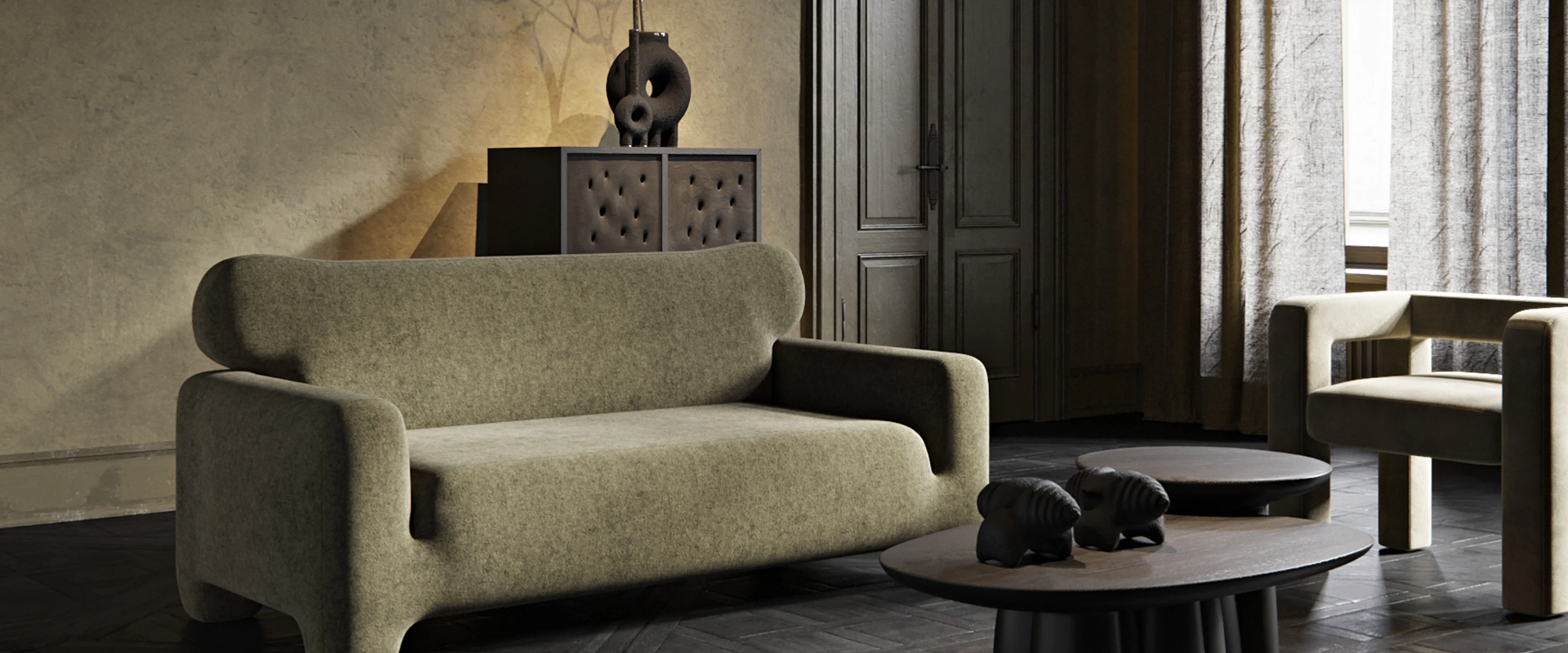 A modern living room setup with a green sofa, a matching armchair, and wooden coffee tables designed for the Forom online store by Ambiw.
