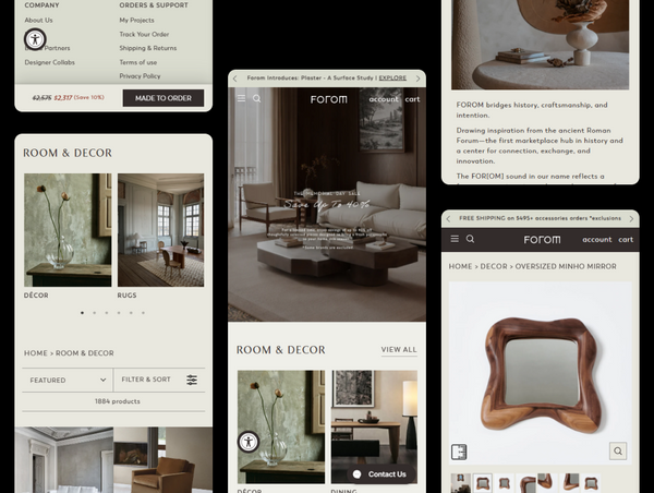 Multiple mobile screen views showing the responsive layout and user interface design of the Forom online store on different devices.