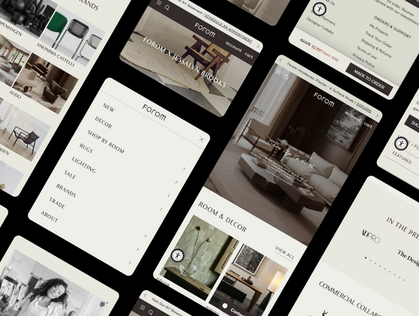 A collection of mobile screen displays showcasing the responsive design, navigation menu, and user experience layout of the Forom online store on different devices.