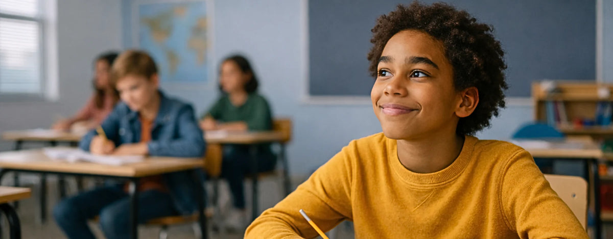 A smiling student sitting at a classroom desk holding a pencil, featured on the Good Sensory Learning website after their Shopify 2.0 migration by Ambiw
