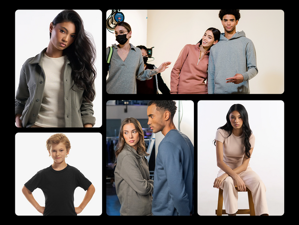 A clean grid collage showcasing behind-the-scenes production shots and studio lookbook imagery for Jerico apparel