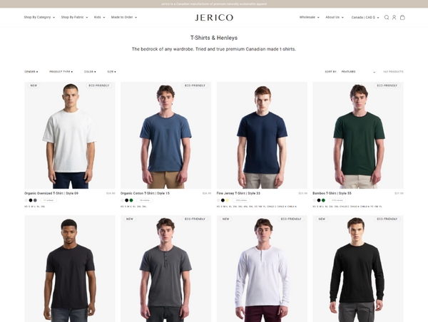 A desktop view screenshot of the Jerico "T-Shirts & Henleys" collection page
