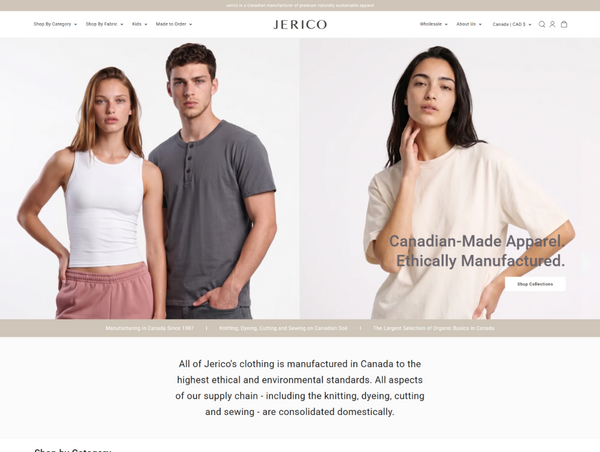 A desktop view screenshot of the Jerico homepage highlighting a wide split hero banner with three models wearing Jerico Product
