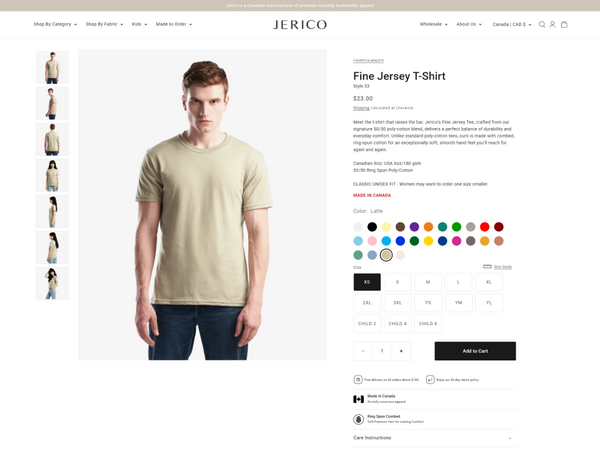A desktop view screenshot of the Jerico product page for the "Fine Jersey T-Shirt" (Style 33)