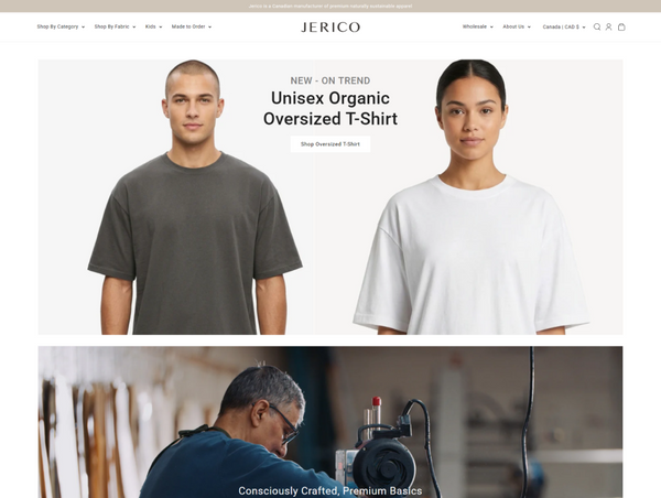 A desktop view screenshot of a section of the Jerico homepage, showcasing a wide promotional banner for the "Unisex Organic Oversized T-Shirt"