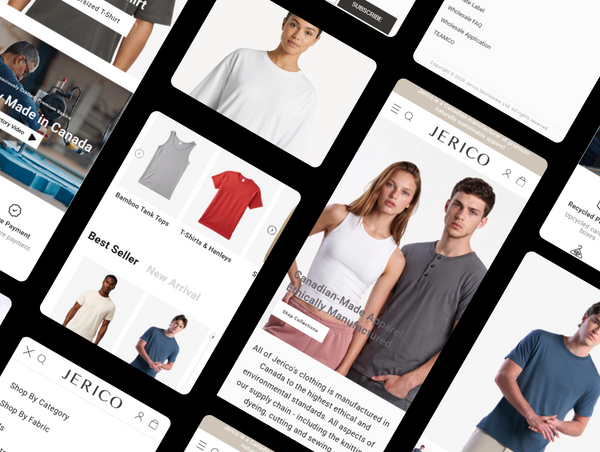 A dynamic mobile UI collage for Jerico featuring multiple angled, overlapping smartphone screens to showcase different section of Jerico Store