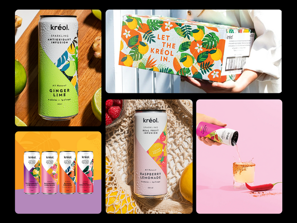 Collage of kreol sparkling fruit drinks packaging and products.