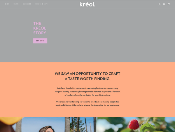 Desktop screenshot of the Kréol "About Us" page, featuring a clean grey header with "The Kréol Story" heading