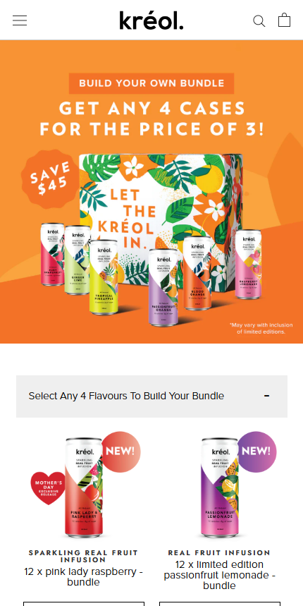 Mobile screenshot of the Kréol website showing a "Build Your Own Bundle" promotion offering 4 cases for the price of 3.