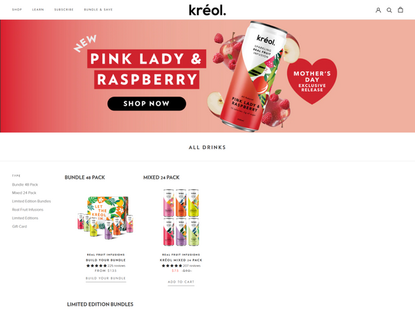 Desktop collection page for Kréol displaying their "All Drinks" catalog with a prominent banner