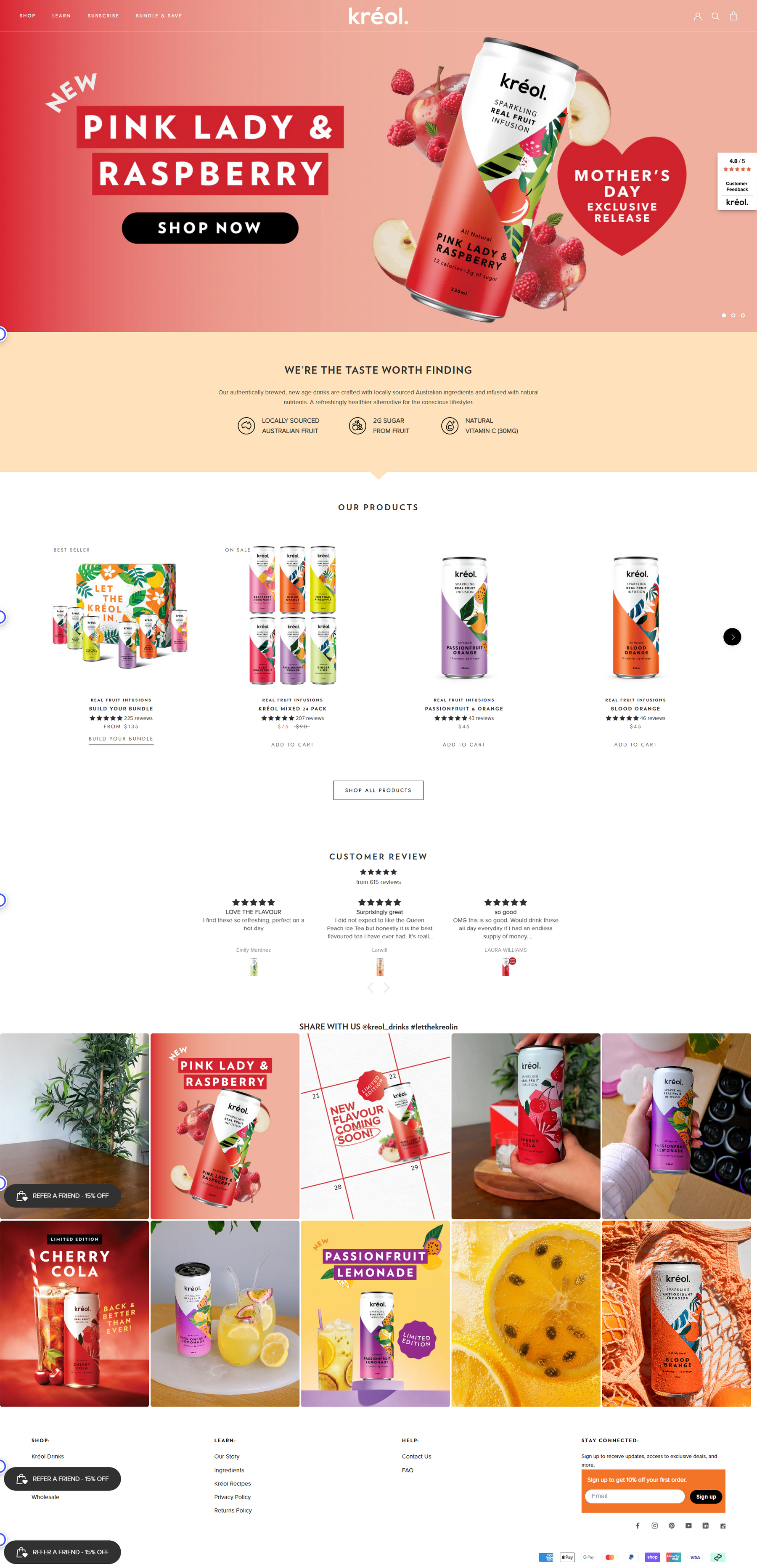 Full homepage desktop scrolling showcase for kreol Shopify custom theme design by Ambiw.
