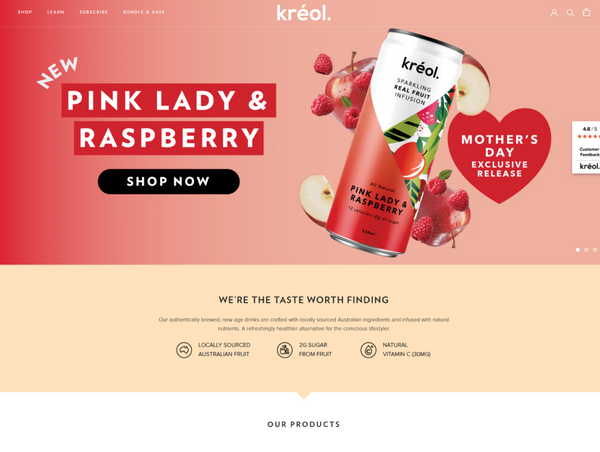 Desktop homepage for Kréol featuring a prominent "Pink Lady & Raspberry" promotional banner and brand benefits.