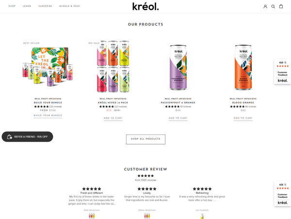 Desktop collection page for Kréol displaying their "Our Products" grid