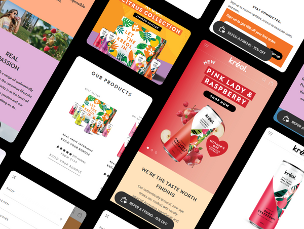Collage of smartphone screens displaying various section interfaces with product images and promotional text.