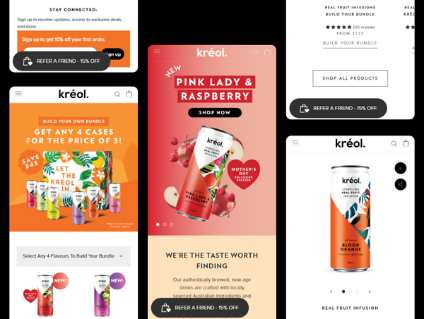 A digital collage of mobile website screens for Kréol, showcasing promotional banners and product images
