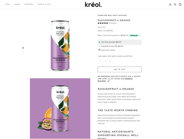 Desktop product page for Kréol Passionfruit & Orange Sparkling Real Fruit Infusion