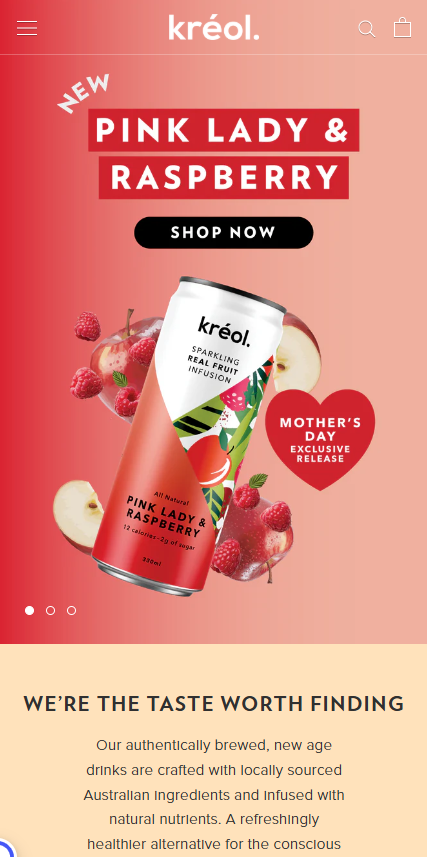 A mobile homepage screenshot for Kréol featuring their Mother's Day exclusive "Pink Lady & Raspberry" sparkling fruit infusion.