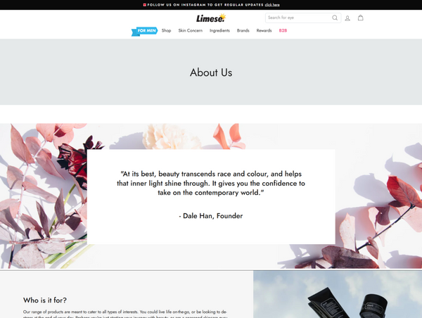Desktop screenshot of the Limese "About Us" page featuring a floral background banner with an inspirational beauty quote from founder Dale Han.