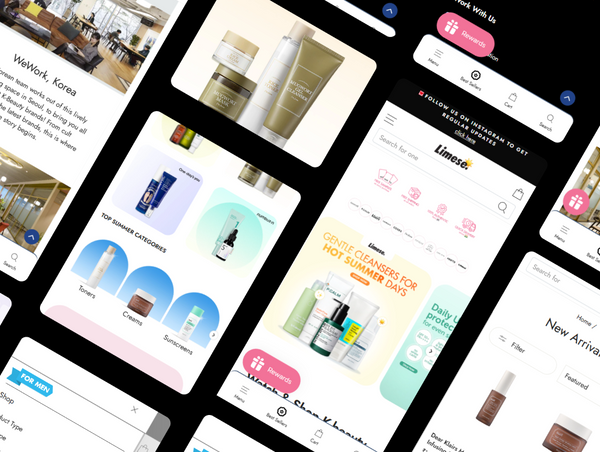 Collage of various app screens with product images and interfaces.