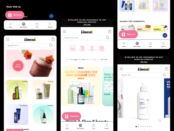Collage of Limese skincare product images and website interface.