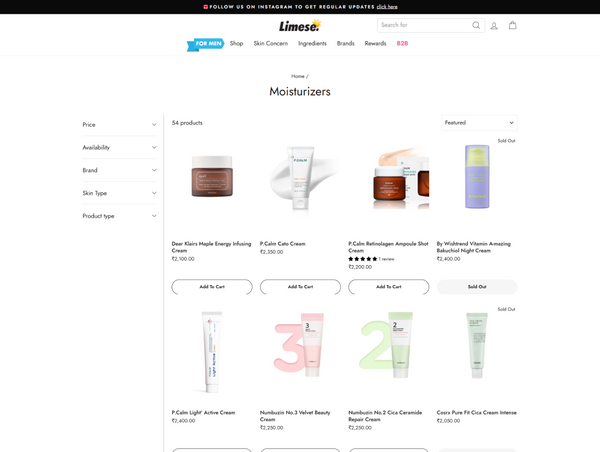 Desktop collection page for Limese moisturizers displaying a grid of skincare products with pricing and filters.