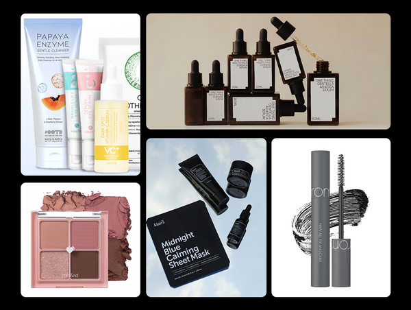 A digital product collage showcasing various Korean skincare and makeup items