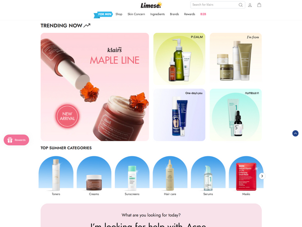 Limeshrine website homepage with  trending cosmetic products and categories.
