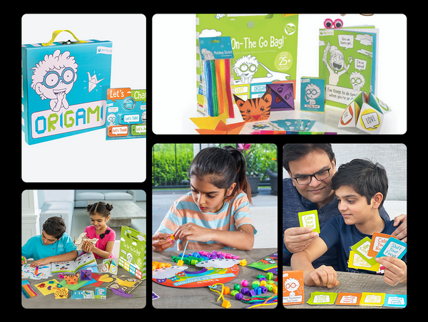 Collage of educational toys and activities with children and adults interacting with them.