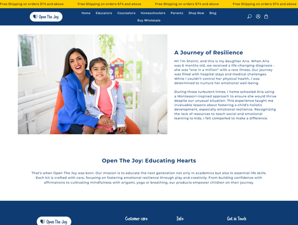 A desktop website screenshot of the Open the Joy brand story page, featuring a photo of the founder Shalini and her daughter Aria