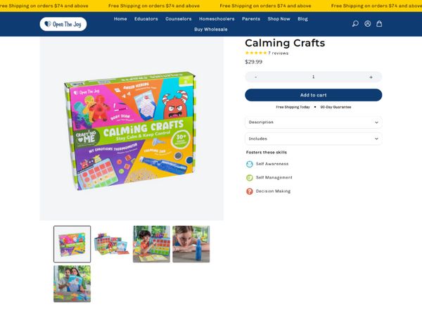 A desktop product page screenshot for Open the Joy's Calming Crafts kit