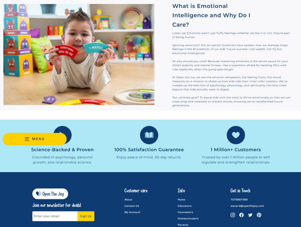 Website page with a child playing with educational toys and text about emotional intelligence.