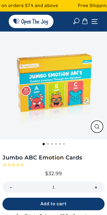 A mobile product page screenshot for Open the Joy's Jumbo ABC Emotion Cards